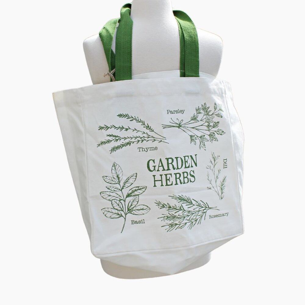 Reusable Canvas Tote Bag 100% Cotton Garden Herbs Green & Cream